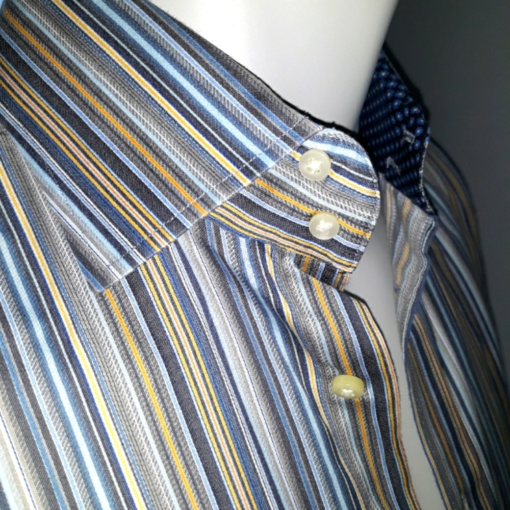 Thomas Dean mens blue and brown striped cotton shirt. Large.